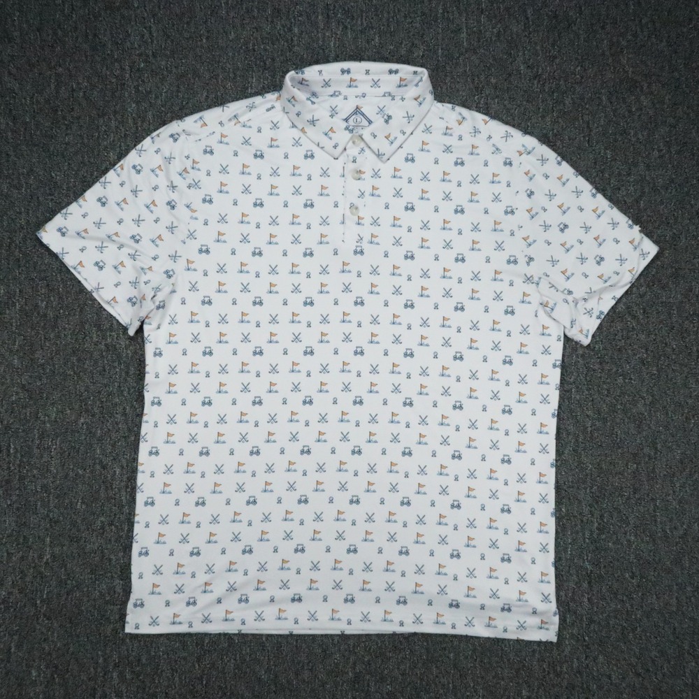 Burlebo Shirt Mens Large White Blue Polo Short Sleeve All Over Golf Print